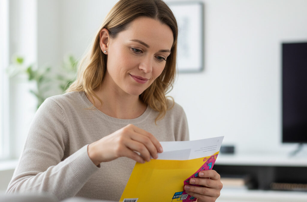 donna seduta sul divano in salotto che apre una busta di direct mailing